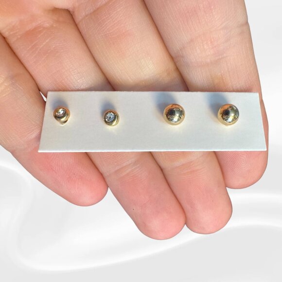 Gold-Tone Stud Earring Set — CZ Bezel & Polished Ball (2 Pairs) - Picture 1 of 3